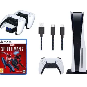 SONY PlayStation 5, Twin Docking Station (White), Dual Play and Charge Cable & Marvel’s Spider-Man 2 Bundle