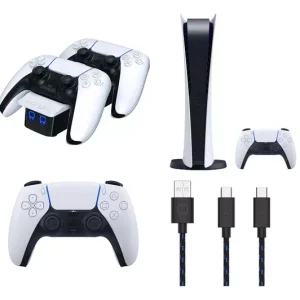 SONY PlayStation 5 Digital Edition (825 GB), Charging Cable, Twin Docking Station (White) & DualSense Wireless Controller (White) Bundle